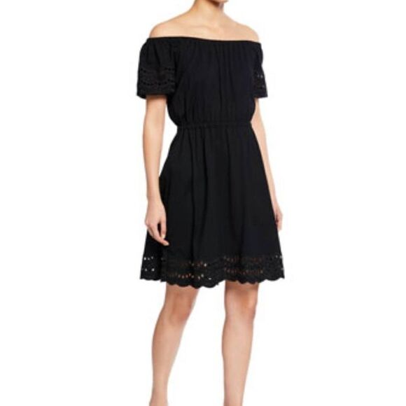 Kate Spade New York off-the-shoulder short-sleeve scallop eyelet border black  d - Picture 1 of 7